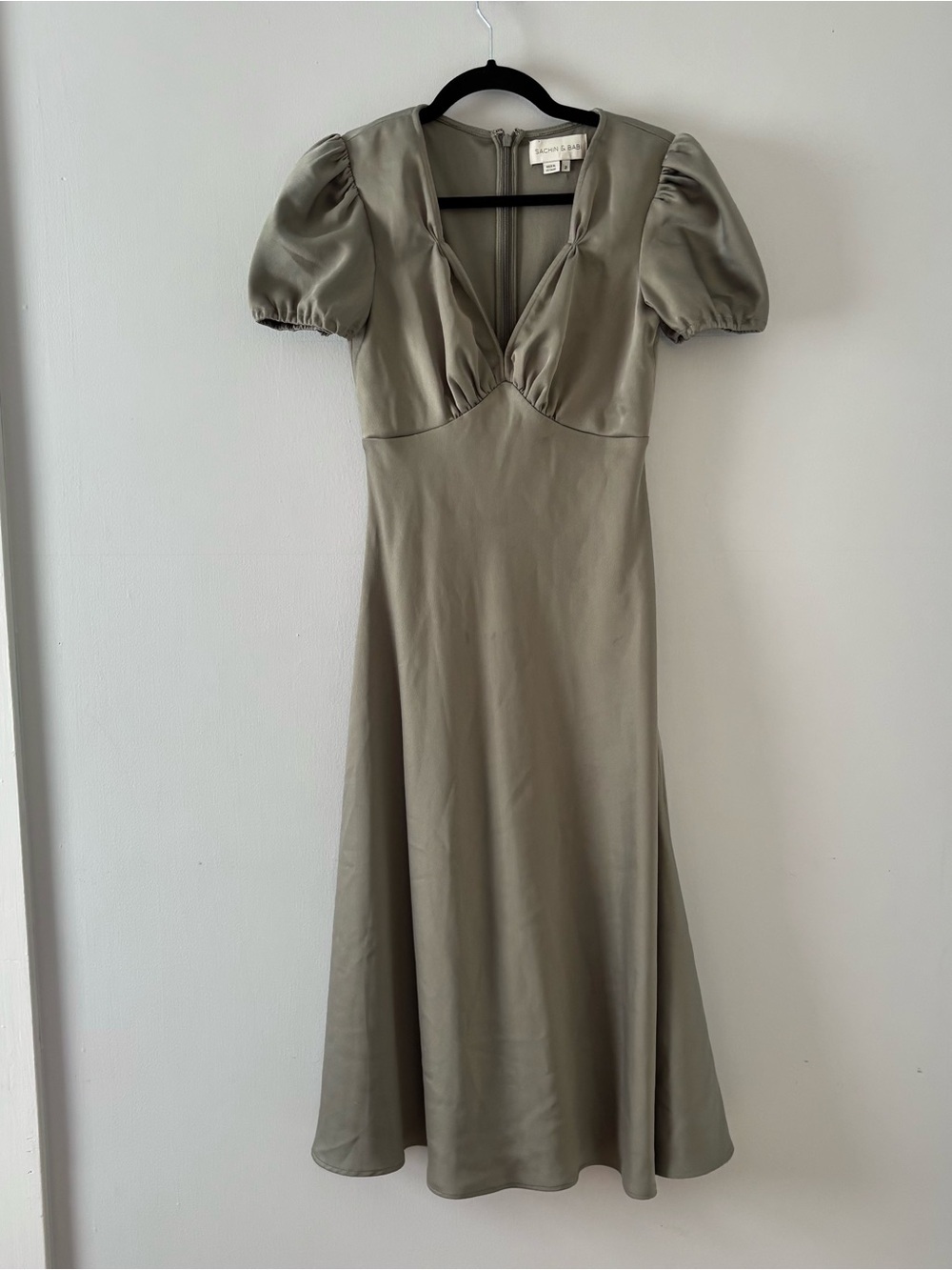 Sachin & Babi Shelley Satin Dress Puff Sleeve V-Neck Green Formal Bridesmaid